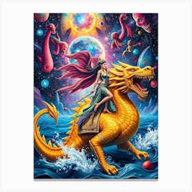 Woman Riding A Golden Dragon Canvas Print