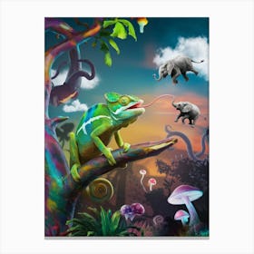 A Surreal Scenery Of A Chameleon and flying Little Elephants Canvas Print