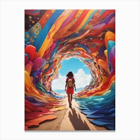 Girl Walking Through A Colorful Tunnel Canvas Print