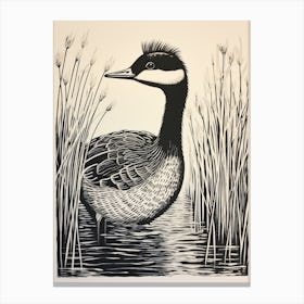 B&W Bird Linocut Grebe 3 Canvas Print