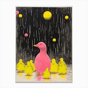 Duck Family In The Rain Linocut Inspired 2 Canvas Print