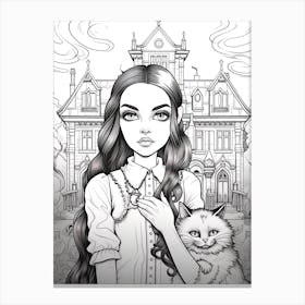 Nevermore Academy With Wednesday Addams And A Cat Line Art 0 Fan Art Canvas Print