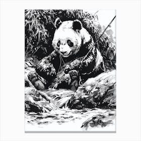 Giant Panda Fishing In A Stream Ink Illustration 3 Canvas Print