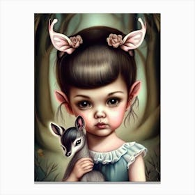 A Young Girl Holding A Deer Canvas Print