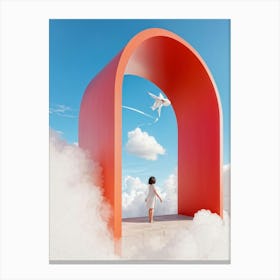 Cumulus Clouds Morph Into An Abstract Cartoon Style Portal Where A Solitary Figure Levitates Their (4) Canvas Print