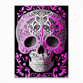 Skull With Mandala Patterns 3 Pink Linocut Canvas Print