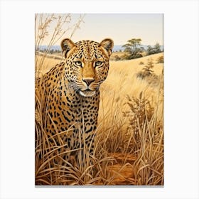 African Leopard In The Savannah Grasslands Painting 3 Canvas Print