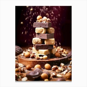 Chocolate And Nuts On A Wooden Table sweet food Canvas Print