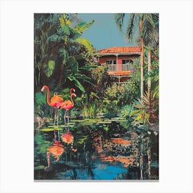 Retro Flamingoes In A Garden 6 Canvas Print