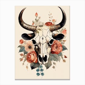 Vintage Boho Bull Skull Flowers Painting (29) Canvas Print