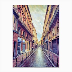 Toulouse Carmes Serene Alleyway After Rain. This image depicts a narrow, cobblestone alleyway flanked by tall, historic buildings with arched windows and balconies. The street appears wet, suggesting recent rainfall, and the sky is partly cloudy. The scene is devoid of people, creating a tranquil and serene atmosphere. Canvas Print