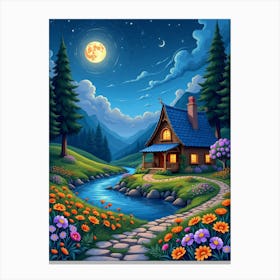 A Beautiful Wooden House Moon Night Landscape V 04 Canvas Print