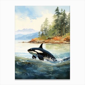 Orca Whale Watercolour And Waves Canvas Print