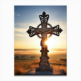 An Intricately Carved Wooden Cross Representing Faith Its Silhouette Beautifully Etched Against Thi (6) 1 Canvas Print