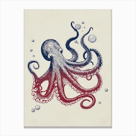 Red & Blue Octopus Making Bubbles 3 Canvas Print