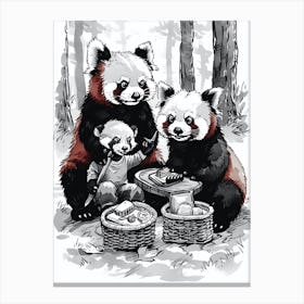 Red Panda Family Picnicking In The Woods Ink Illustration 1 Canvas Print