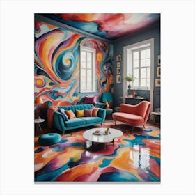 Distorted Dimensions of Domesticity Colorful Living Room Canvas Print