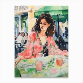 At A Cafe In Lisbon Portugal 2 Watercolour Canvas Print