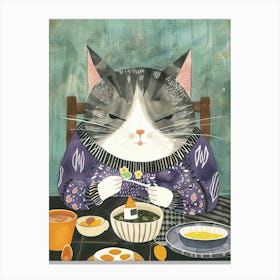 Grey And White Cat Having Breakfast Folk Illustration 2 Canvas Print