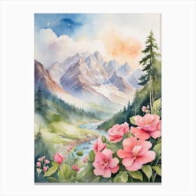 Watercolor Of Mountains And Flowers Canvas Print