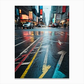 Chalk Drawn Directional Arrows And Associated Marks Vibrant Hues Clashing On The Rough Asphalt Str Canvas Print