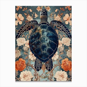 Textured Floral Sea Turtle Blue & Sepia 3 Canvas Print