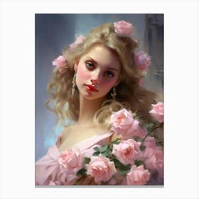 Beautiful Girl With Pink Roses Canvas Print