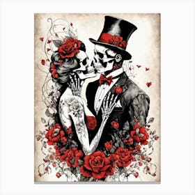 Floral Abstract Kissing Skeleton Lovers Ink Painting (6) Canvas Print