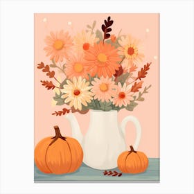 Pitcher With Sunflowers, Atumn Fall Daisies And Pumpkin Latte Cute Illustration 8 Canvas Print