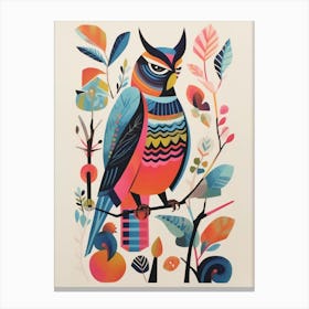 Colourful Scandi Bird Great Horned Owl 3 Canvas Print