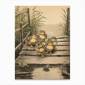 Ducklings On The Wooden Bridge Japanese Woodblock Style 3 Canvas Print