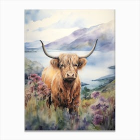 Highland Cow With Lake In The Background Canvas Print