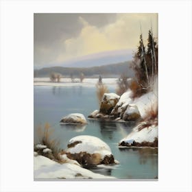 Ancient landscapes, old winter oil paintings and rocks around the lake bank. Snow is falling on the lake, old colors.13 1 Canvas Print