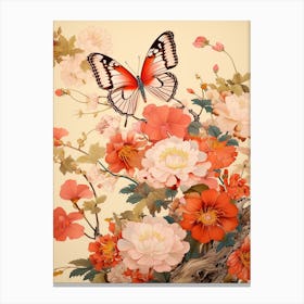 Japanese Style Painting Of A Butterfly With Flowers 1 Canvas Print