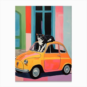Fiat 500 Vintage Car With A Cat, Matisse Style Painting Canvas Print