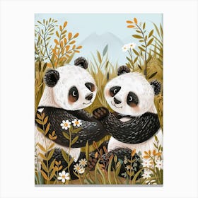 Giant Panda Two Bears Playing Together In A Meadow Storybook Illustration 4 Canvas Print