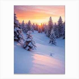 Dusk Settling Over A Winter Wonderland Sunset Casting A Warm Glow On Snowy Pines Long Shadows Stre (5) Canvas Print