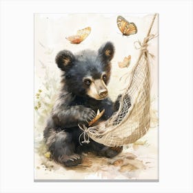 American Black Bear Cub Playing With A Butterfly Storybook Illustration 4 Canvas Print