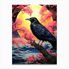 Crow On Cherry Blossoms Canvas Print