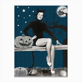 Young Pinup Cat Girl Sitting On A Fence With Pumpkin Canvas Print