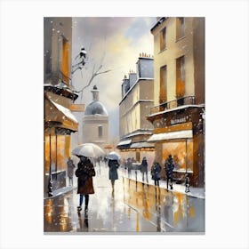 Paris cafes, winter season, Christmas, autumn oil colors, pale colors, pedestrians in the street, winter clothes, falling snow.Christmas decorations.4 2 Canvas Print