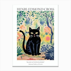 Henri Edmond Cross Style Black Cat With Flowers Poster Canvas Print