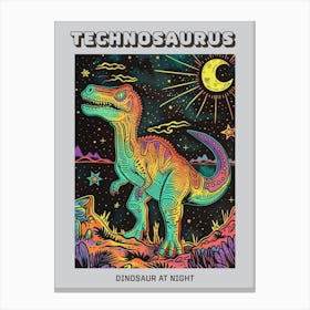 Neon Dinosaur At Night Linework Poster Canvas Print