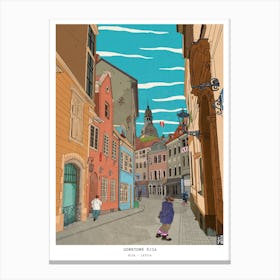 Downtown Riga Latvia Art Print - Latvia Travel Art - Whimsical Retro Cityscape Wall Art - Latvian Gifts, Fine Art Print Canvas Print