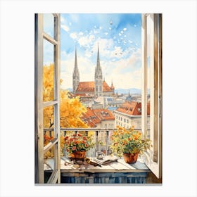 Window View Of Zagreb Croatia In Autumn Fall, Watercolour 3 Canvas Print