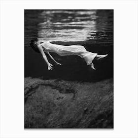 Woman In A White Dress Swimming Underwater, Vintage Black and White Old Photo Canvas Print