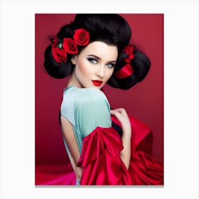 Geisha Woman With Red Roses Canvas Print