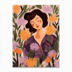 Woman With Autumnal Flowers Lilac Canvas Print