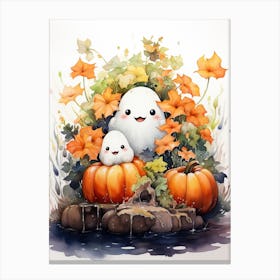 Cute Bedsheet Ghost, Botanical Halloween Watercolour 114 Canvas Print
