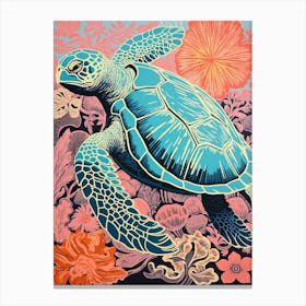 Sea Turtle Linograph Warm Tones 2 Canvas Print